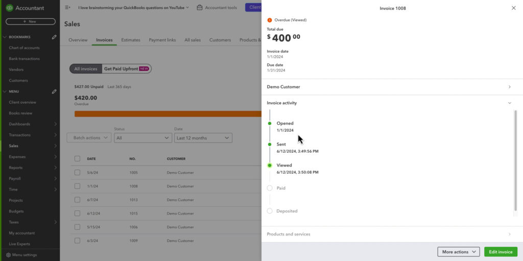 Viewing the activity of an invoice in QBO