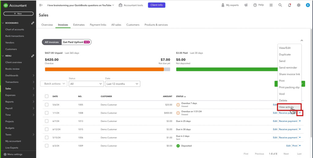 View activity of an invoice from the Sales screen in QBO