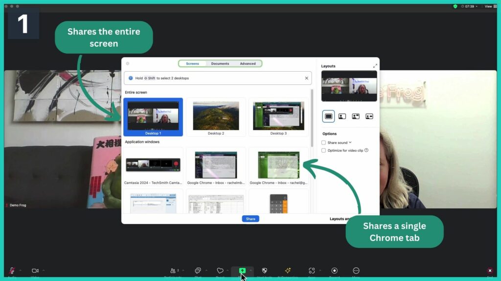 Screen share options in Zoom.