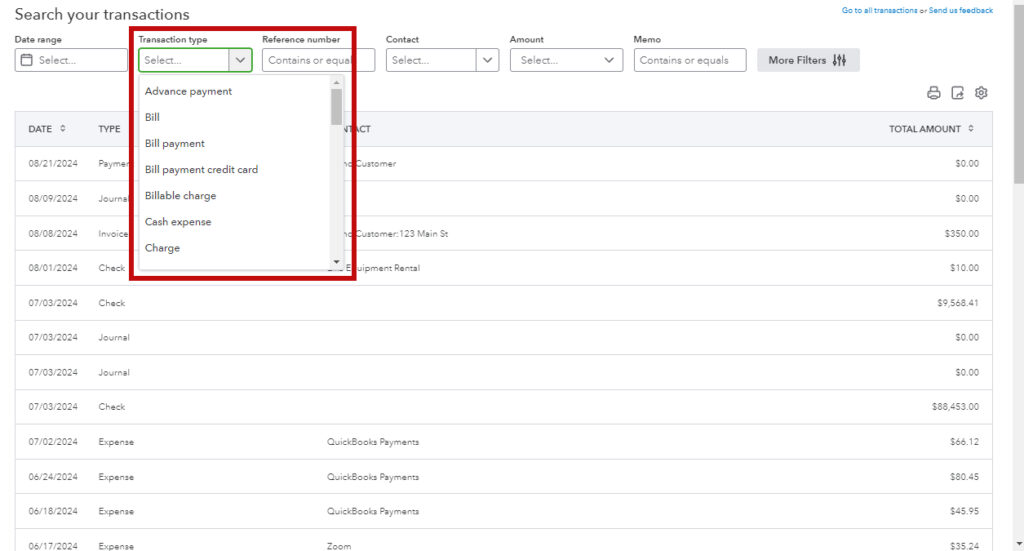 Search your transactions page in QBO showing the Transaction type menu options