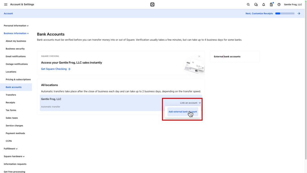 Adding an external bank account to your Square business account