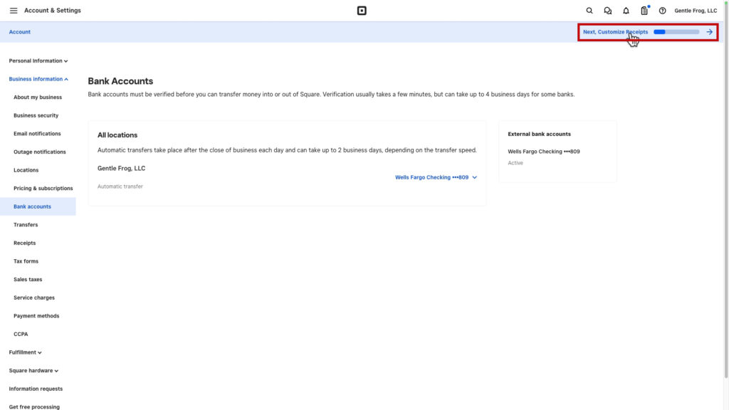 Continue account setup after linking bank account in Square