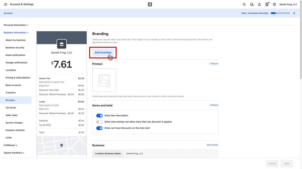 Add branding to your receipts in Square