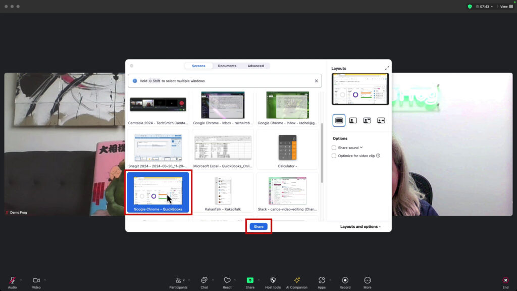 Sharing a Chrome tab in Zoom.