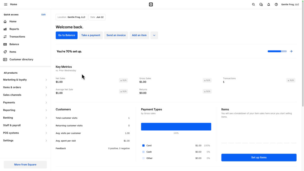 Square home screen showing metrics for a $1 test sale.