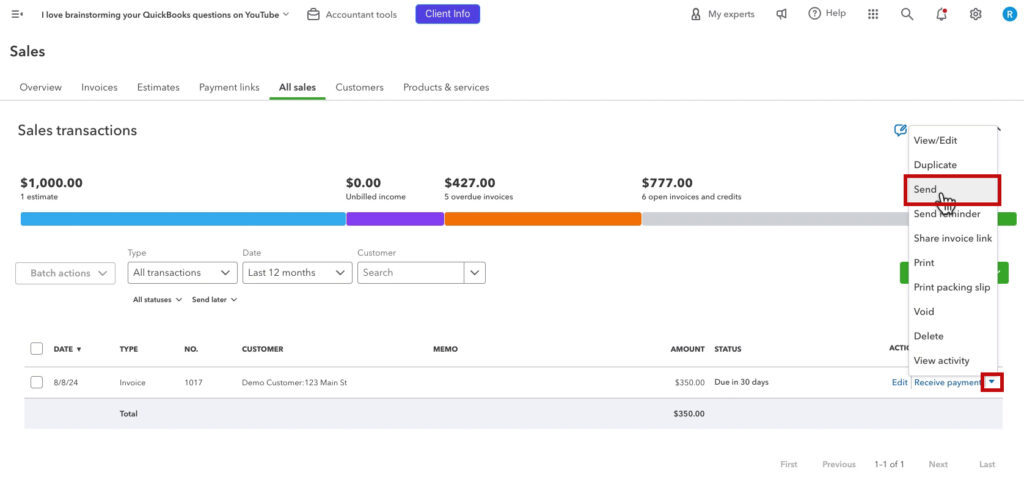Sending an individual invoice marked as Send later in QBO