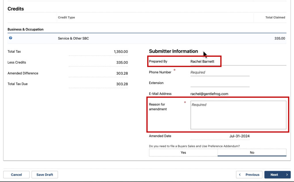 Submitter Information section of an amended WA DOR excise tax return