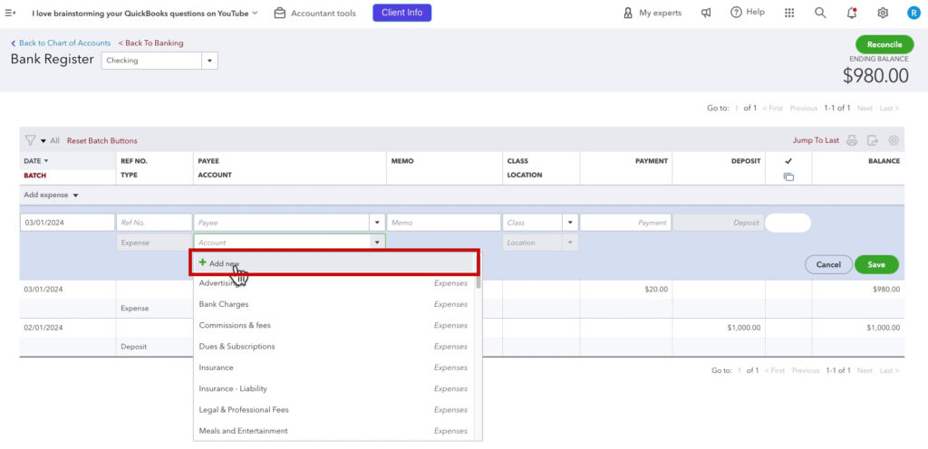 Add an expense account from the bank register in QBO