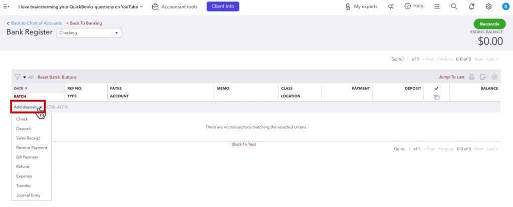 Menu with options for types of transactions to add to the bank register in QBO