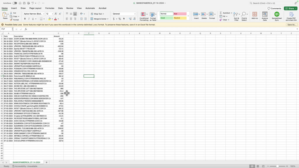 CSV file created by Hubdoc from a PDF bank statement