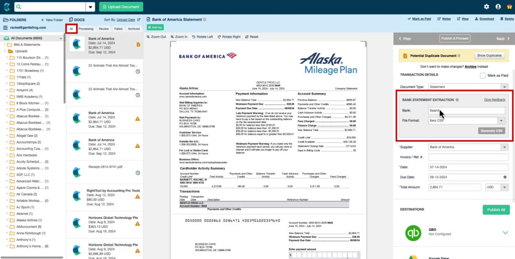 Bank statement extraction box in Hubdoc where you select the bank and file type for converting PDF bank statements to CSV