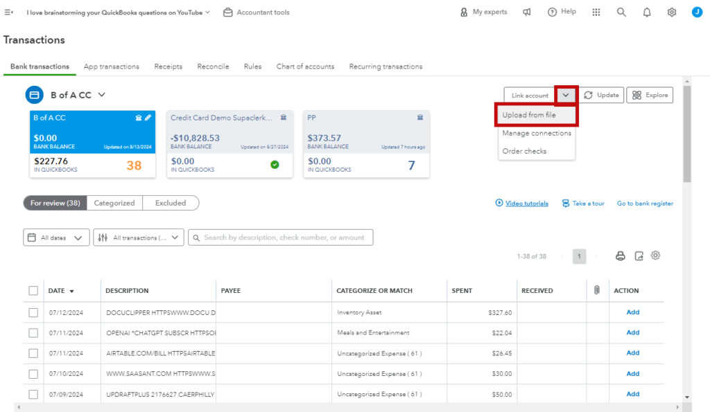 Upload from file option in QBO for importing a CSV of transactions