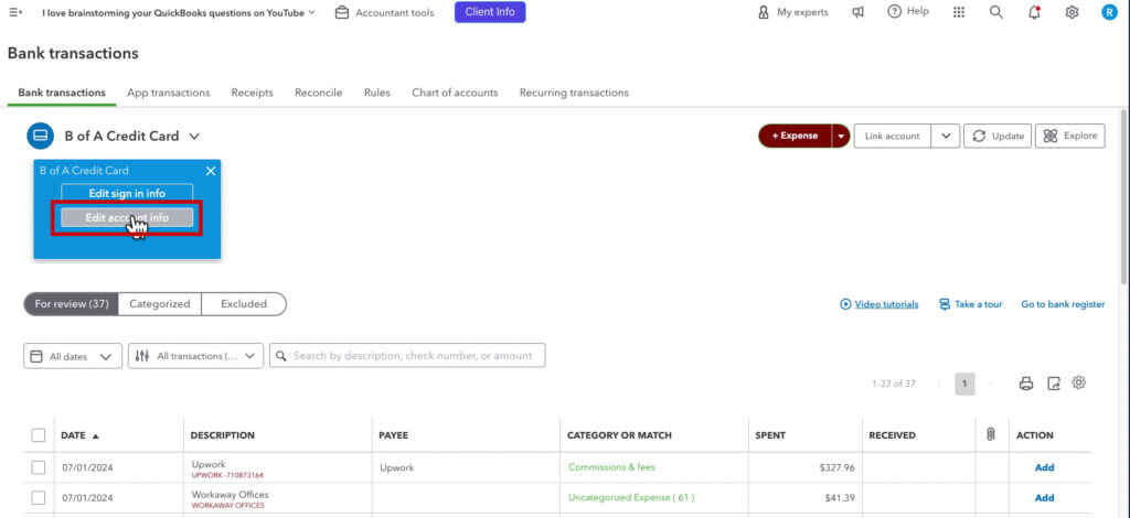 Edit account info for a bank account in the Bank transactions in QBO