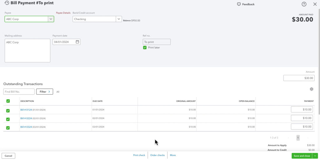 An example bill payment in QBO with one check covering multiple bills