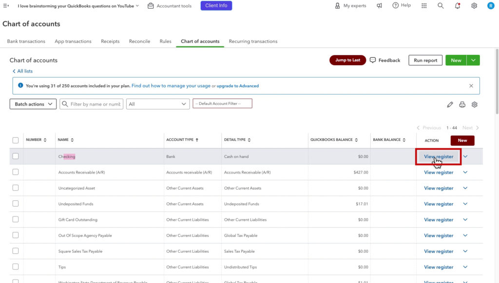 View register for a checking account in QBO