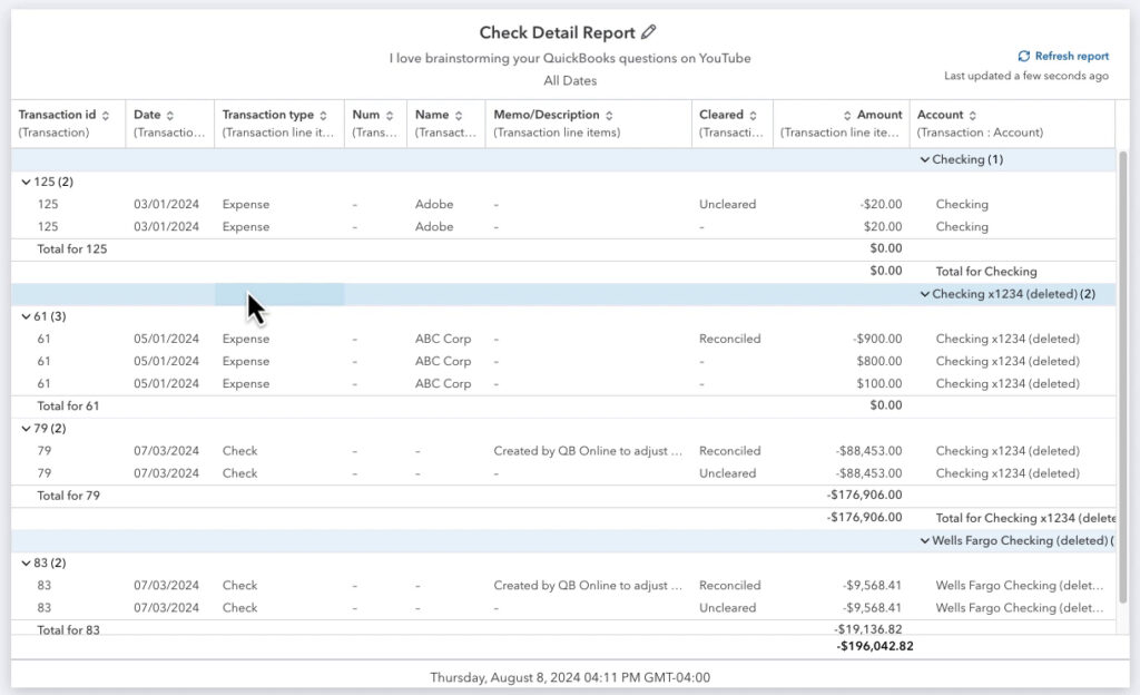 Modern view Check Detail Report in QBO