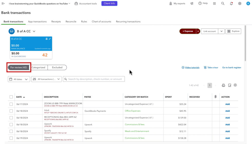 Bank transactions under For review after importing into QBO from a PDF converted into a CSV using Hubdoc
