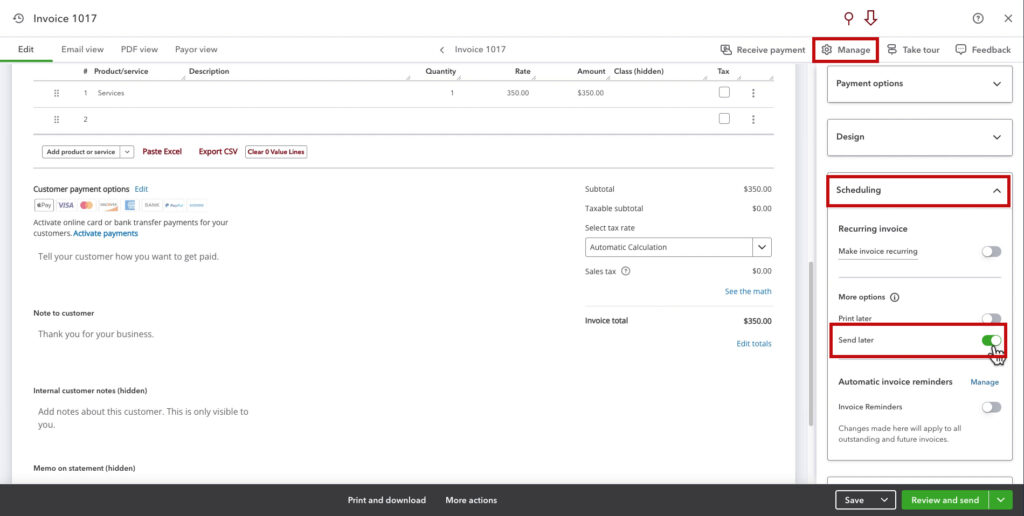 Send later option in the Scheduling section of the Manage menu on an invoice in QBO