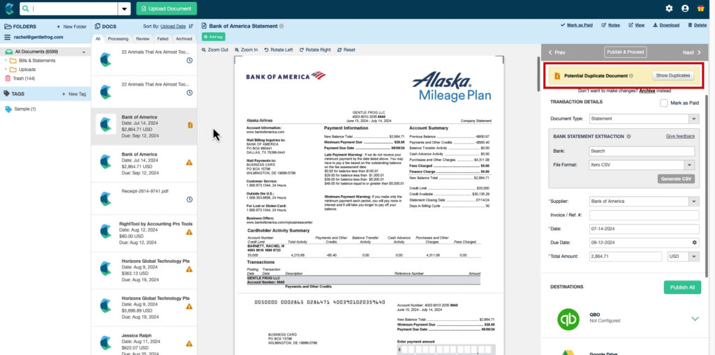 Potential Duplicate Document warning message on a document in Hubdoc