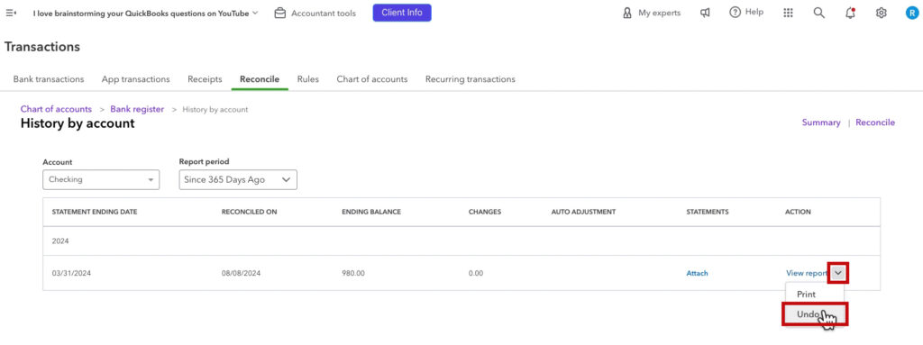 Undo a reconciliation in QBO