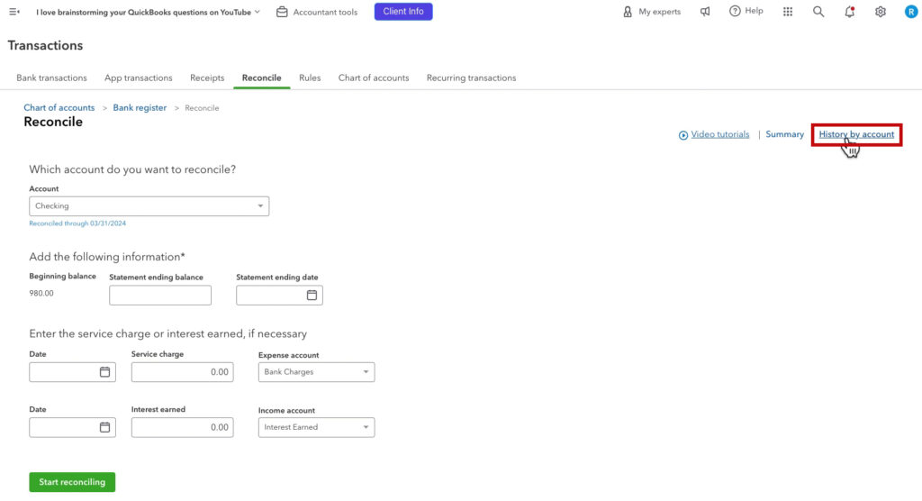 History by account link on the Reconcile screen in QBO