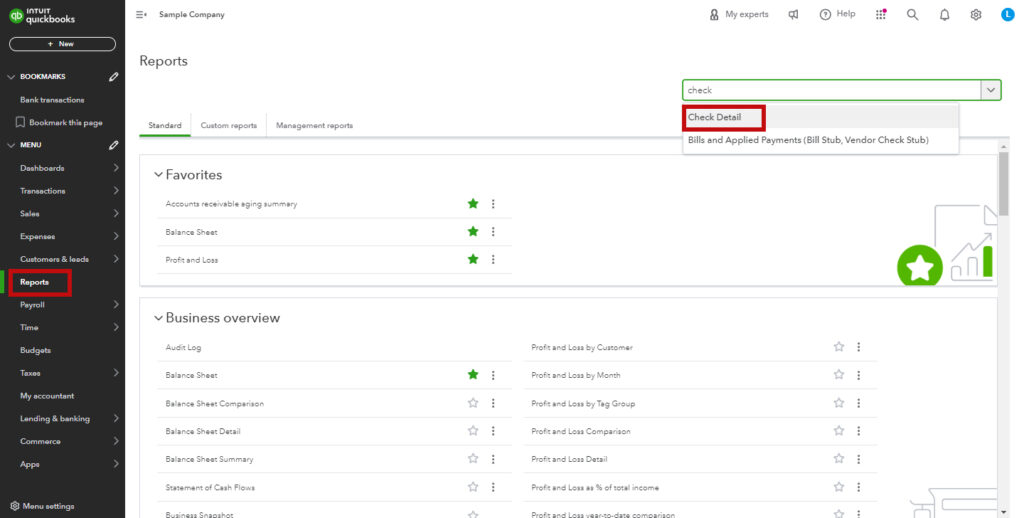 searching for the Check Detail report in QBO