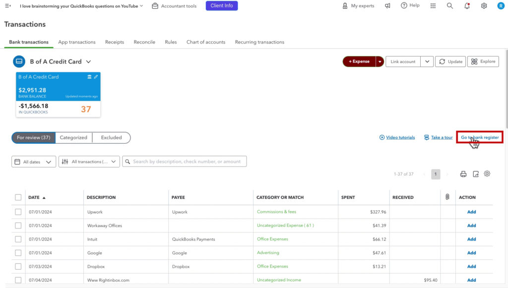Opening the bank register for a bank account from Transactions in QBO