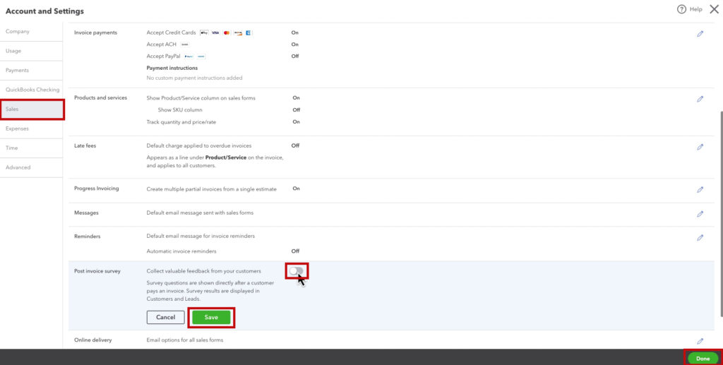 Turning off Post Invoice Surveys in QBO