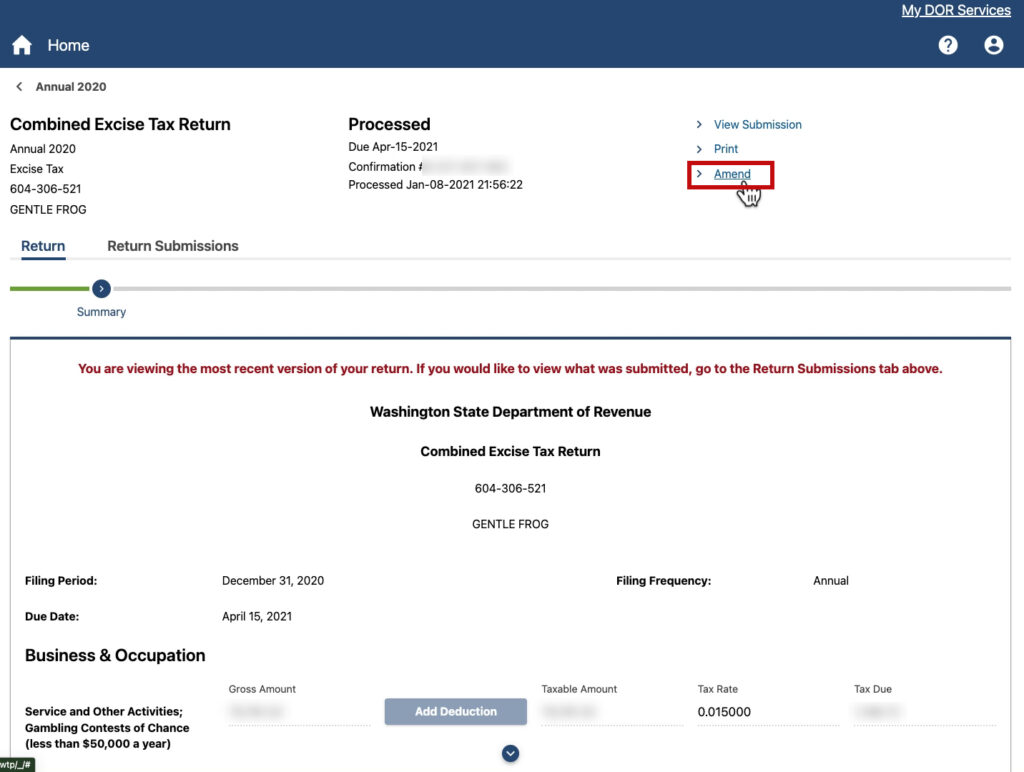 Viewing Gentle frog's WA DOR combined excise tax return for 2020, to amend click the Amend link at the top