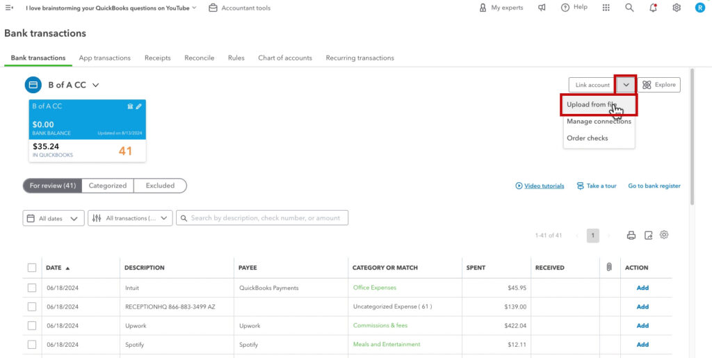 Uploading transactions from a file in QBO