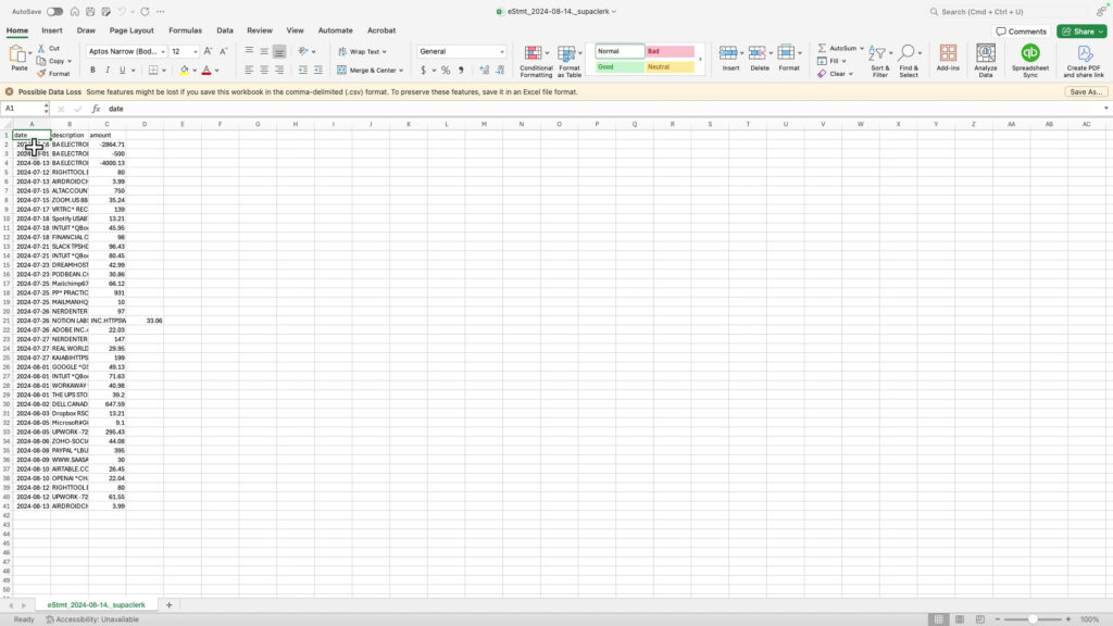 CSV file created with SupaClerk from a PDF bank statement