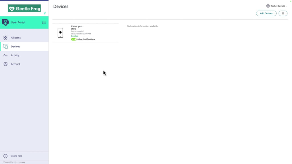 Devices section of the Practice Protect User Portal