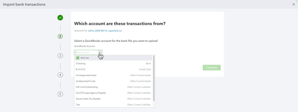 Selecting which account to use when importing bank transactions in QBO