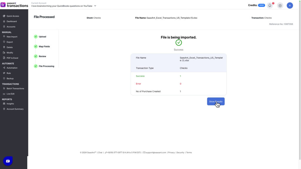 Success message when importing checks into QBO with Saasant