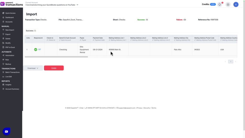 Viewing results after importing checks into QBO with Saasant