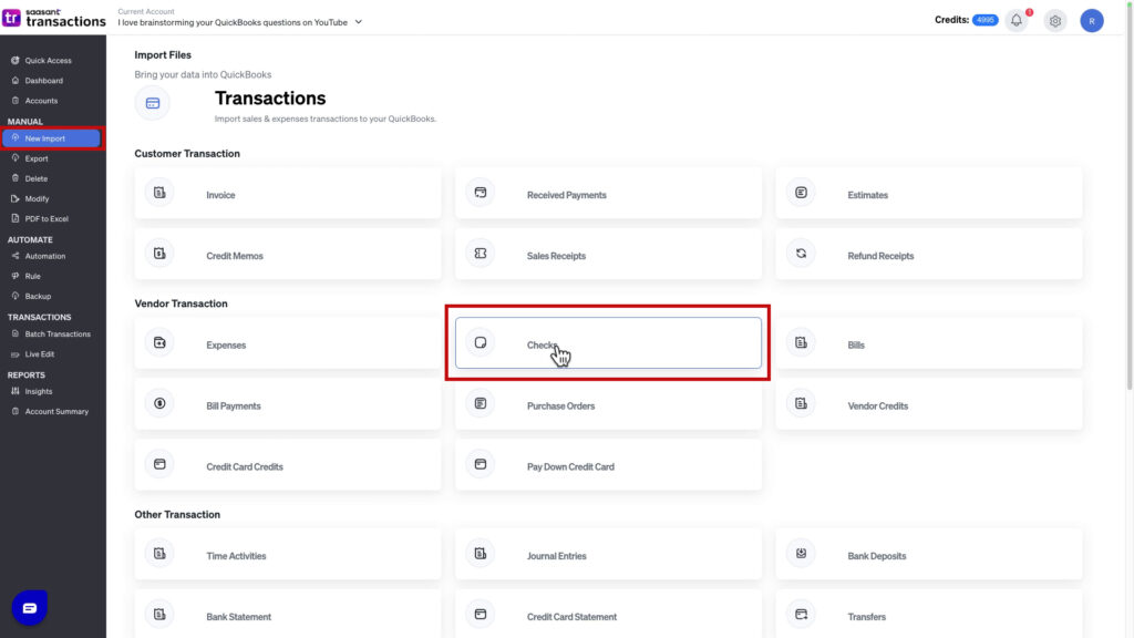 New import of Checks using Saasant