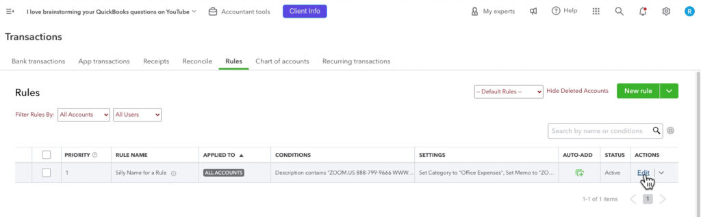 Edit a bank rule from the Rules list in QBO