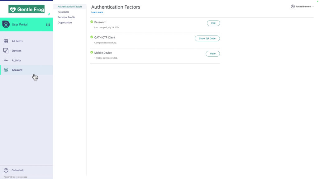 Account section of the Practice Protect User Portal