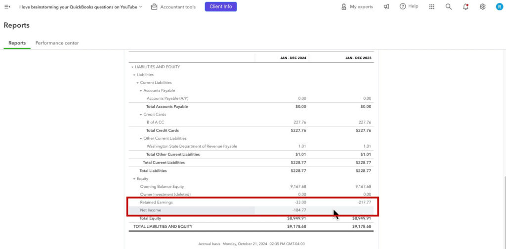 Balance Sheet with Net Income and Retained Years with the Prior Year Adjustment account