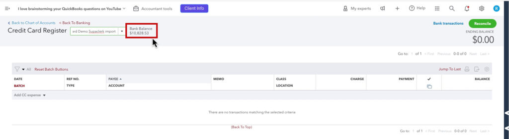 An empty register in QBO with a bank balance