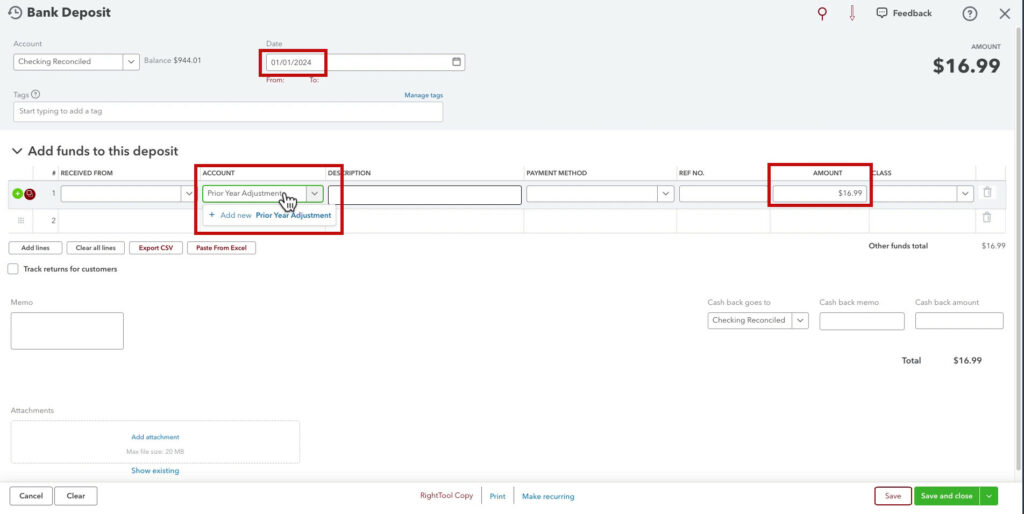 Creating a bank deposit for a prior year adjustment in QBO