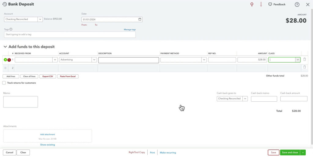 A bank deposit created to negate an unreconciled expense from a past year in QBO