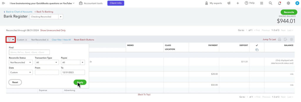 Filtering to see unreconciled transactions from past years in QBO Bank Register