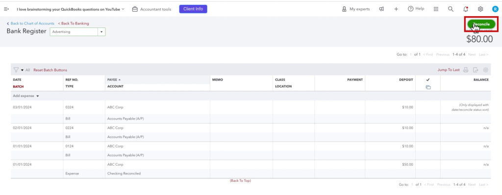 Navigating to Reconcile from the bank register in QBO
