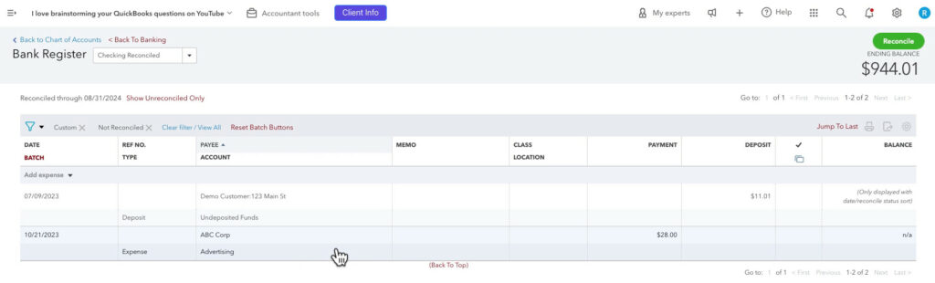 Unreconciled transactions in QBO bank register