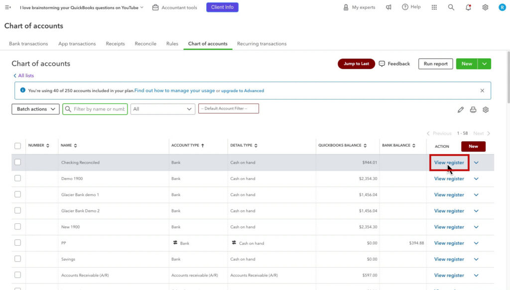 View register for a account in the QBO Chart of accounts