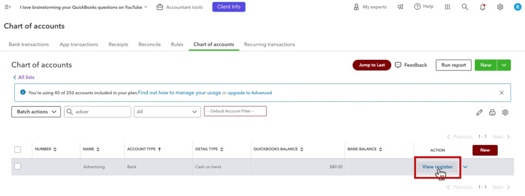 View register in QBO Chart of accounts