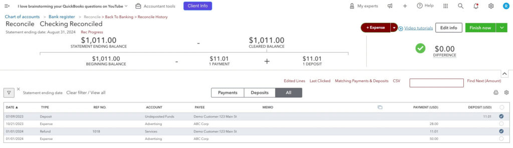 Matching deposit and refund on the reconcile screen in QBO