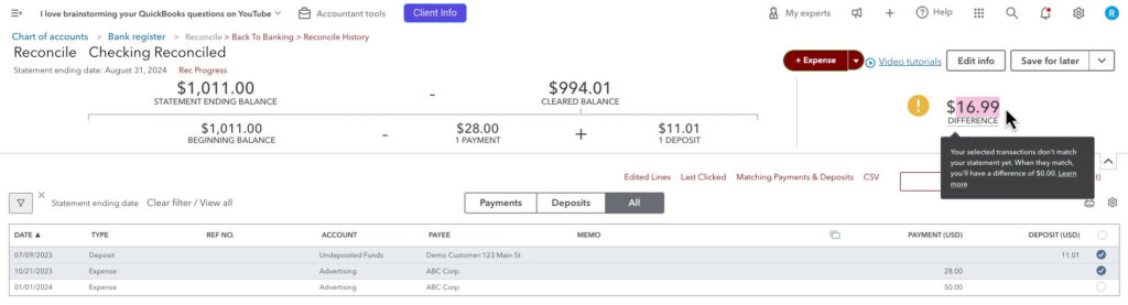 Getting the total for unreconciled transactions from past tax years for a checking account in QBO
