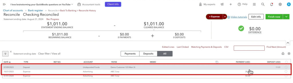 Unreconciled transactions from a previous year showing up on the reconcile screen in QBO